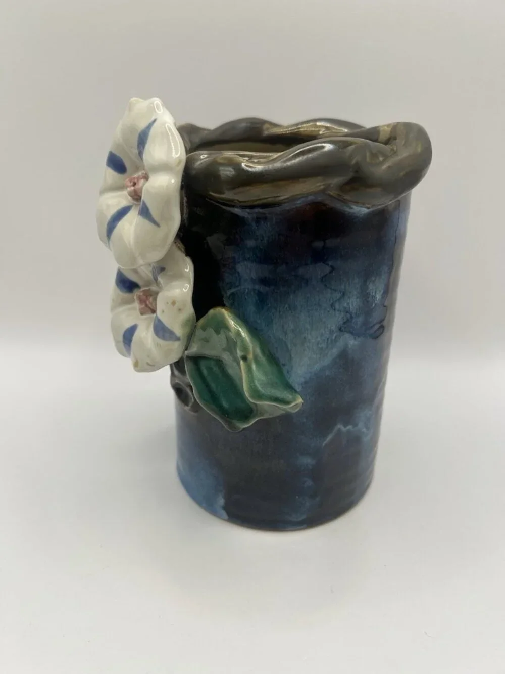 Handmade Studio Pottery Vase Blue Drip Glaze Floral Applied Art Vase Majolica￼